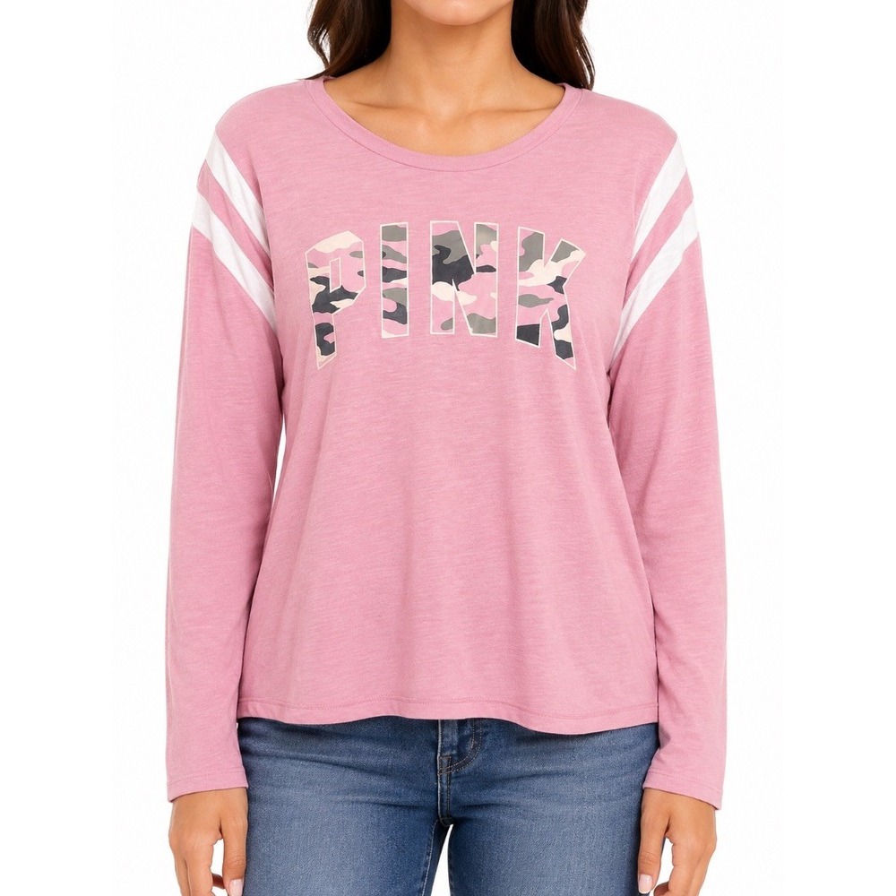 PINK Victoria Secret Womens Long Sleeve Shirt Pink Camo Print Top Size L